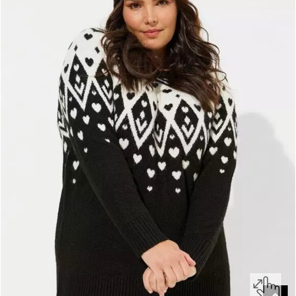 TORRID Womens Vegan Cashmere Fair Isle Pullover Sweater SZ 2X Hearts Black/White - Picture 1 of 11